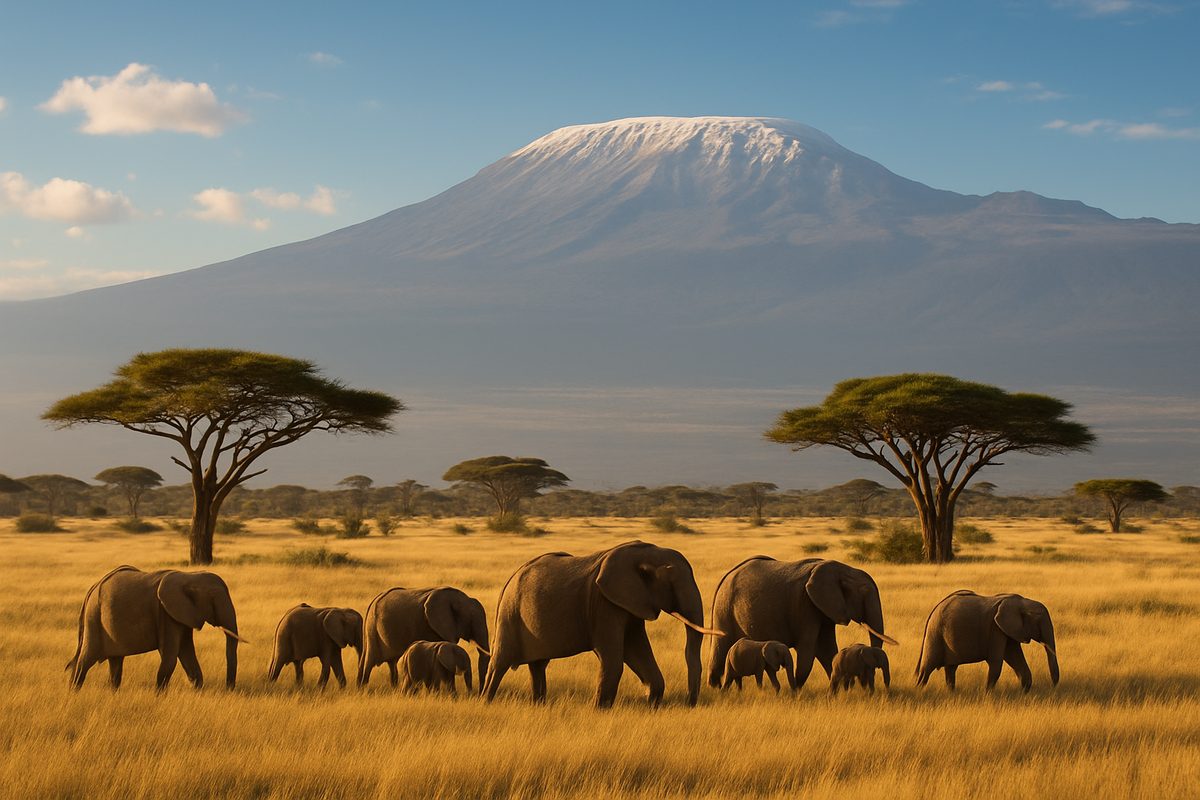 Elephant herd on the Amboseli savannah with snow-capped Mount Kilimanjaro in the background